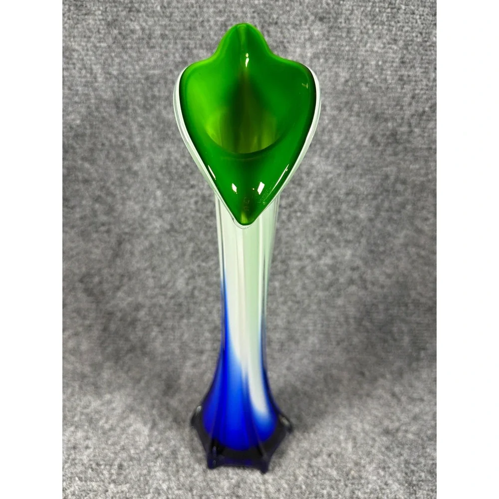 Vintage Art Glass Calla Lily Bud Vase Blue White Green Tri-Color 12 Inch
